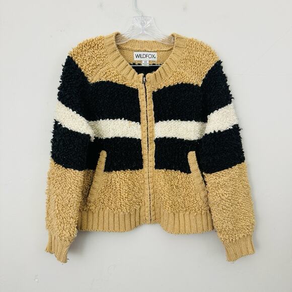 Wild Fox Brown And Black Striped Fuzzy Full Zip Wool Blend Sweater Women’s XS - Picture 1 of 7